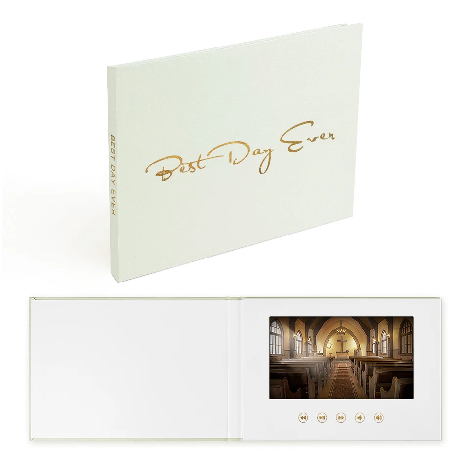 2023 Nový dizajn Luxusná svadobná pozvánka s LCD obrazovkou 7 palcov IPS A5 Video Book Best Day Gold Foil