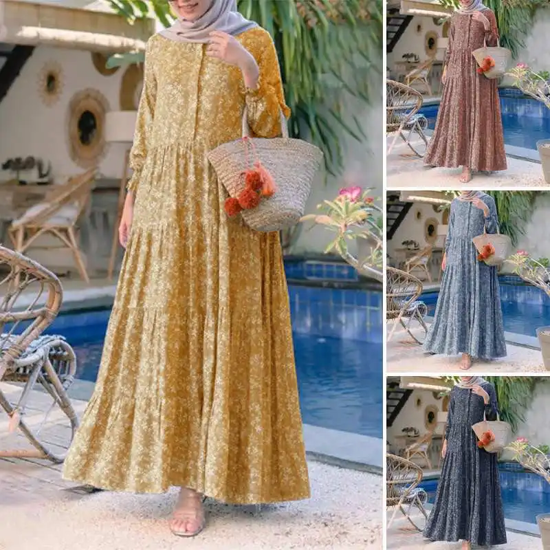 2023 Nový príchod jar jesenná jeseň moslim abaya hidžáb šaty pre ženy vrstvené elegantné kvetinové tlačené plášť s dlhým rukávom večer