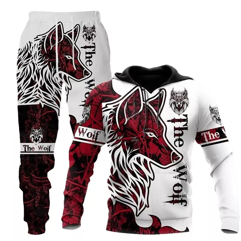 2023 Nový vlk Hoodie 3D tlačené nohavice obleky Male Autumn Casual Mikery Pullover Men Tracksuit Set Fashion Pánsky oblečenie