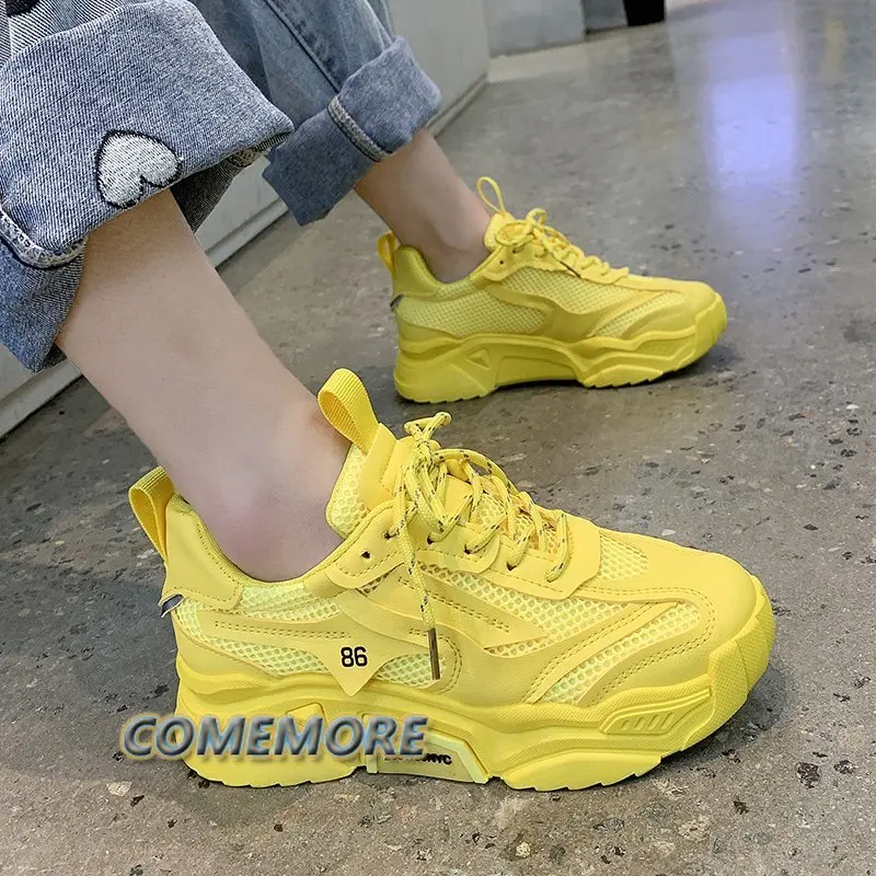 2023 Spring Autumn Platform Platform Sneakers Dámske príležitostné šnurovanie Husté spodné topánky Žena Non smyk žlté klasické tenisky okrúhle hlavy