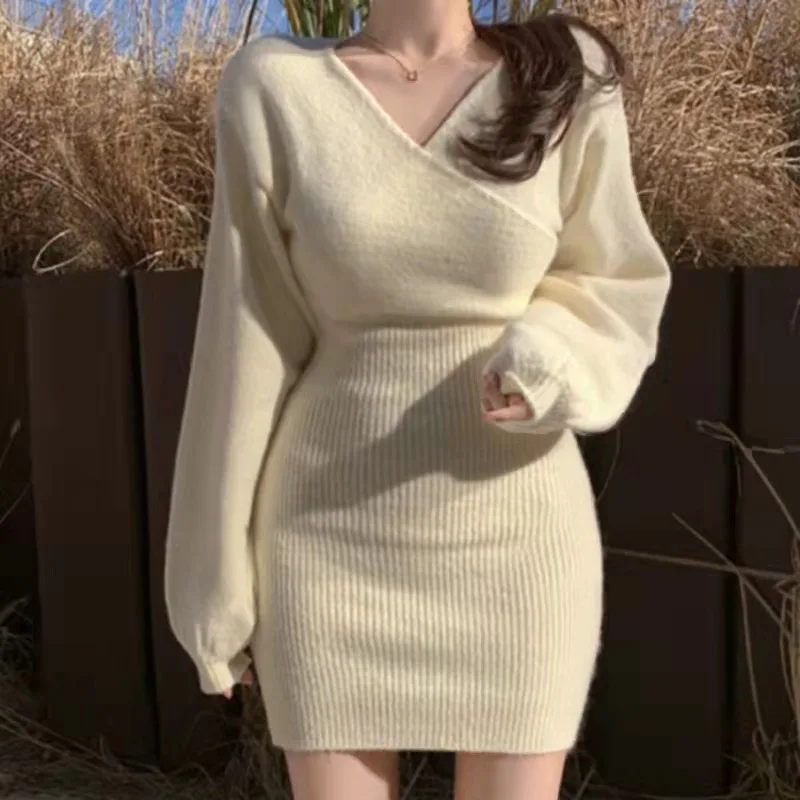 2023 Spring Autumn Sexy Cross V-Neck Wrap Hip Dresses Dámske pletené sveter šaty módne tesné krátke šaty