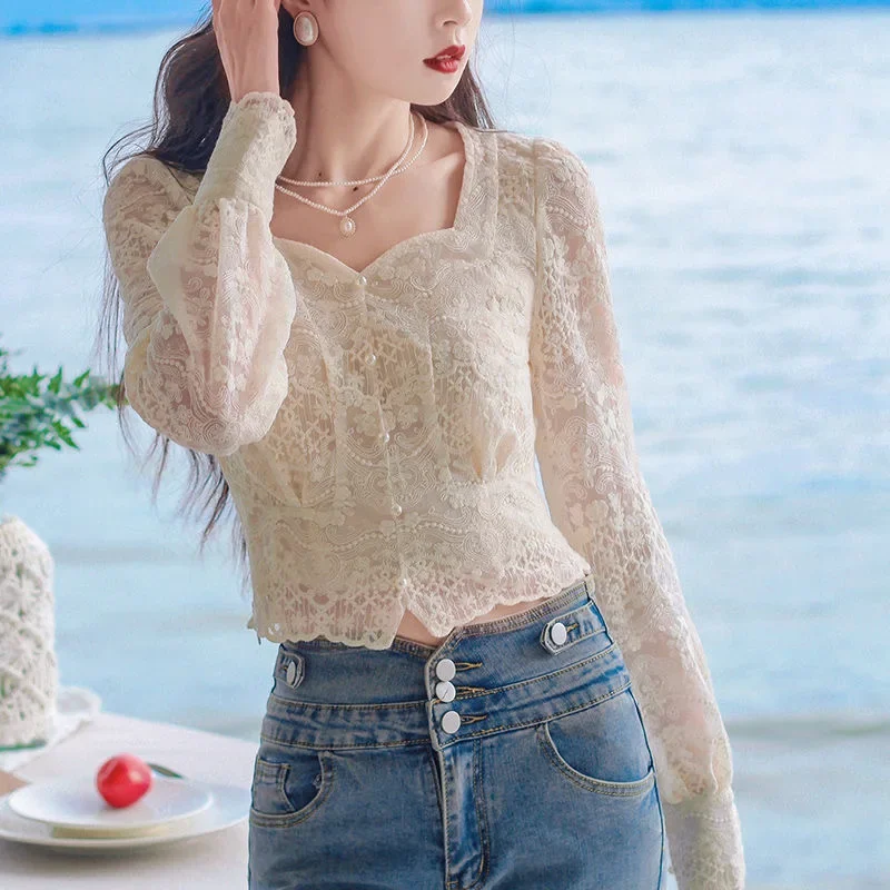 2023 Spring Fall Dámsky Vintage lucerna s plným rukávom blániová čipka top blúzka, ženské oblečenie hrušky gombíky Tops Tops Blouses