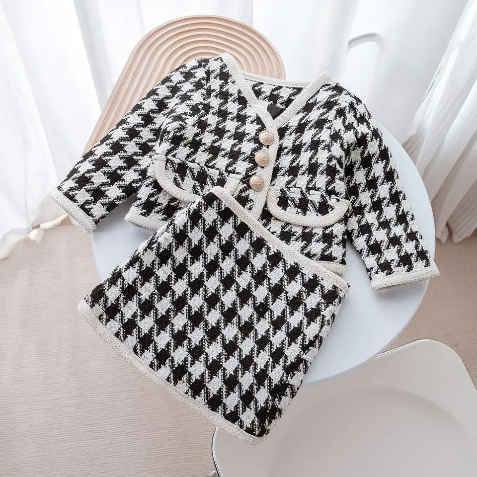 2023 Spring Girls Fashion Plaid Plaid 2ks Suit detské detské detské oblečenie vrátane kabátu+ sukňa štyri farby