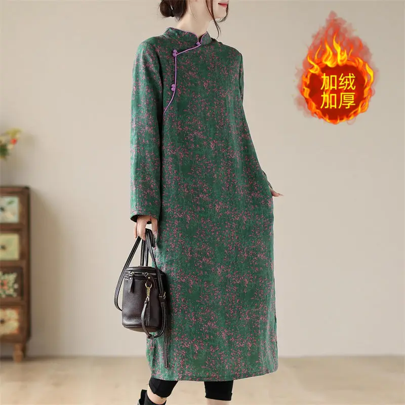 2023 stojan na obojok vinobranie čínsky štýl Jeseň zimné šaty Cheongsam Cotton Mess Mode módne dám