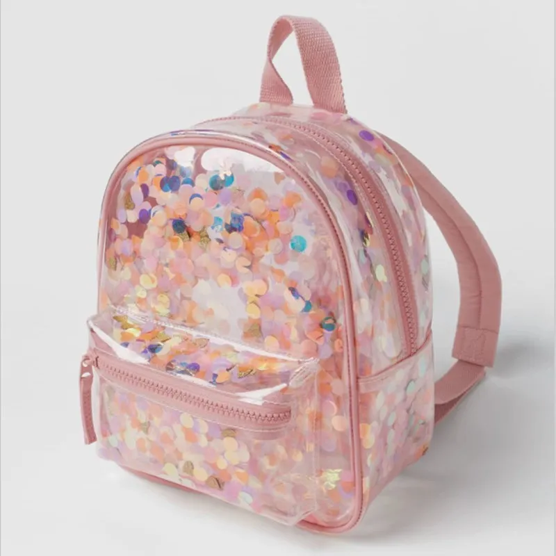 2023 Summer Confetti Transparentné PVC Backpack Deti Ladies Schoolback Materské školy deti Color Confet Ornament Girls Girls Batoh