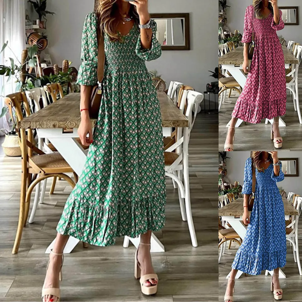 2023 Summer Loose Maxi Boho šaty pre ženy Plaid Tlač Bohemian Long Party A Line Dress Ladies Ruffles Beach Dress Robe femme