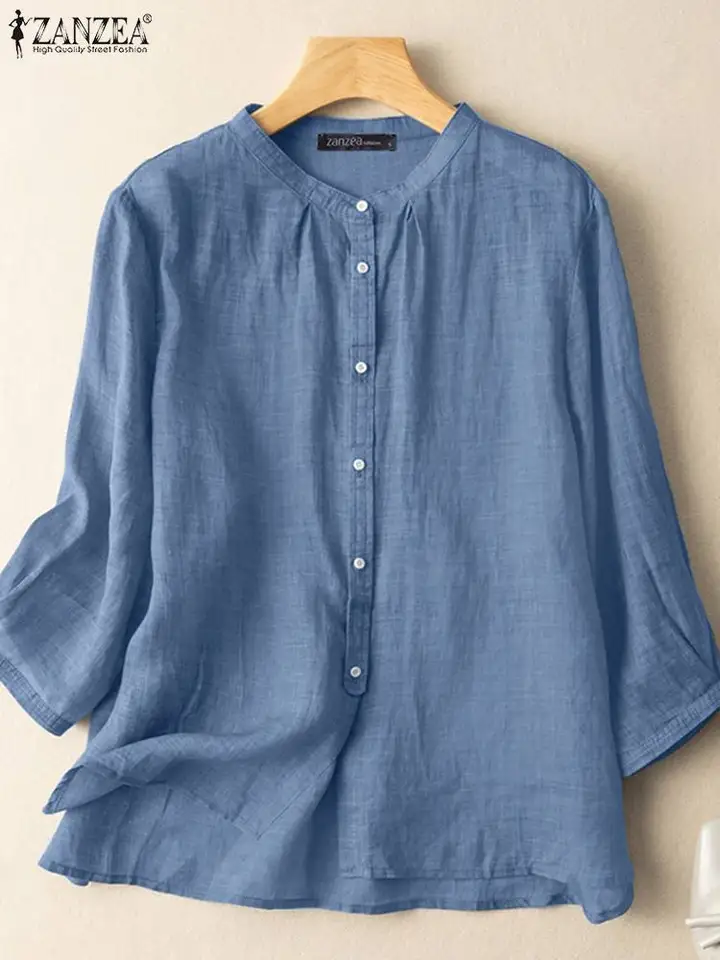 2023 Zanzea jesenné letné blúzky Príležitostné dámske košele pevné farby 3/4 rukávové gombíky bavlnené bielizeň Blusas Solid Top Top Cast Tunic tunicia