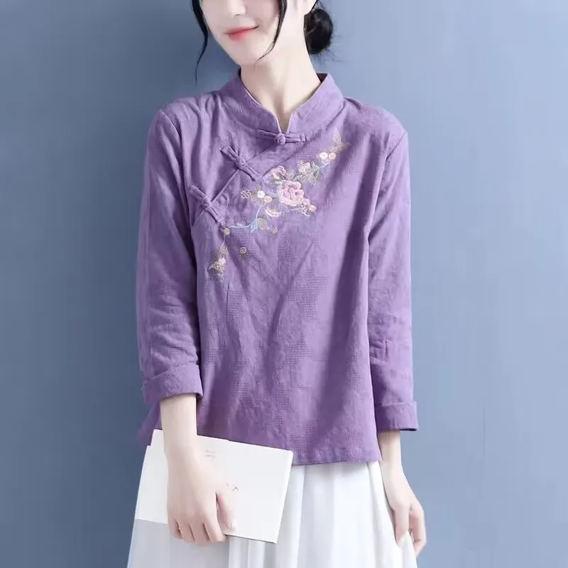 2023 Čínsky štýl Vyšívaný tričko s dlhým rukávom Dámske bielizeň bielizeň stojan na obojok oblečenie Vintage ležérne košele Hanfu Tops 4xl