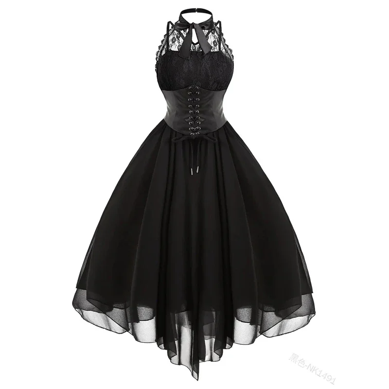 2023 Ženy gotický punk vintage párty šaty šaty bez rukávov bez rukávov chrbát Lace Patchwork halter šnurovacie šnurovacie šnurovacie šaty