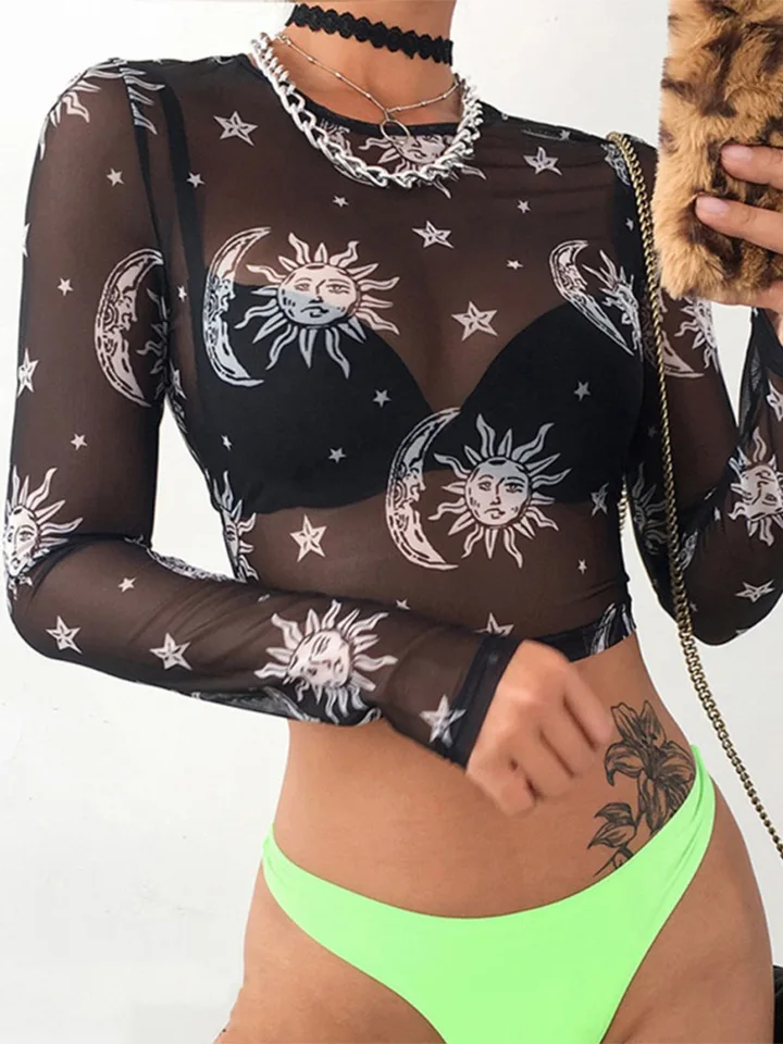 2023 Ženy Sexy harajuku mesh topy s dlhým rukávom Pozrite sa cez tričko priehľadné Sun Moon Star Print Tričko Femininas Clubwear