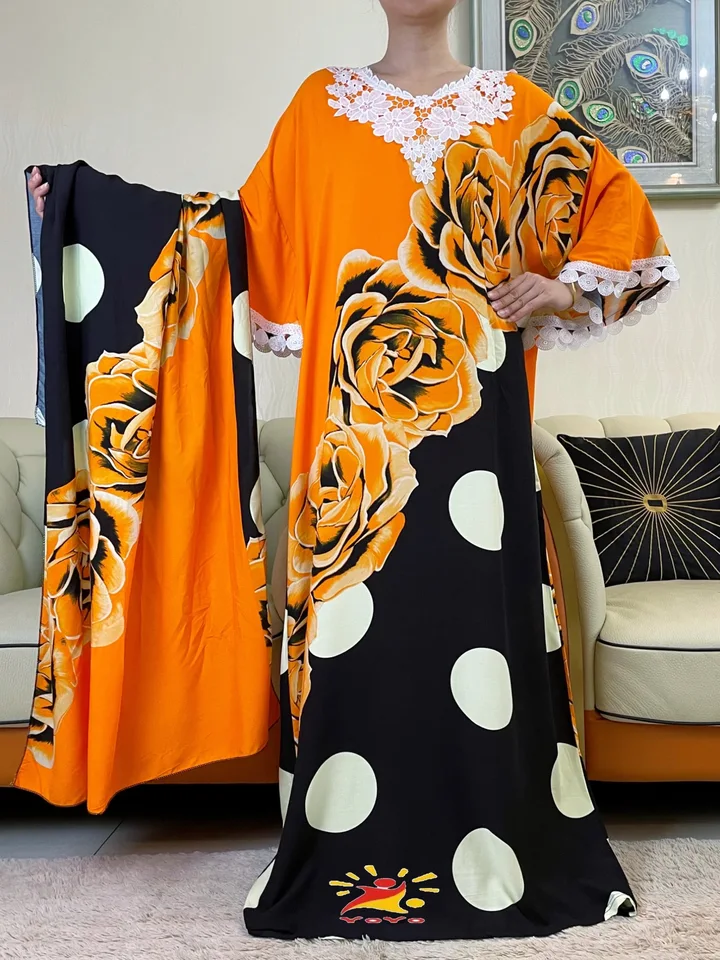 2023NEW ŽENY Summer BAT Lace Lace Ruckve Dresses Floral s veľkým šatkou voľný boubou maxi islam bavlna africké odevy Abaya