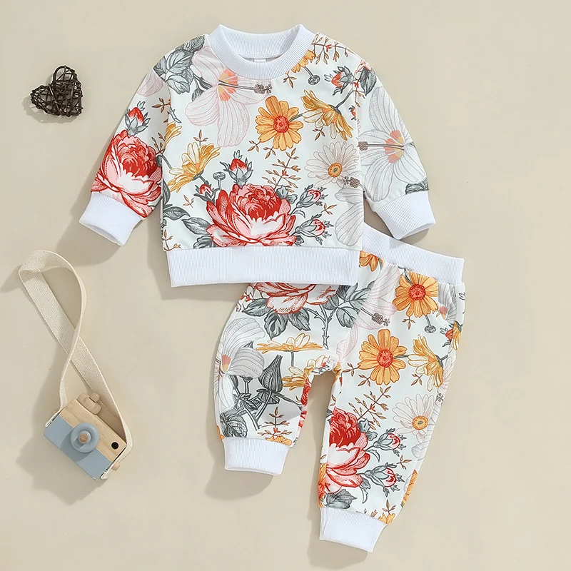 2024-05-23 Lioraitiin Toddler Girls Fall Outfits Floral Print Mikina s dlhým rukávom a elastické tepláky set detské oblečenie