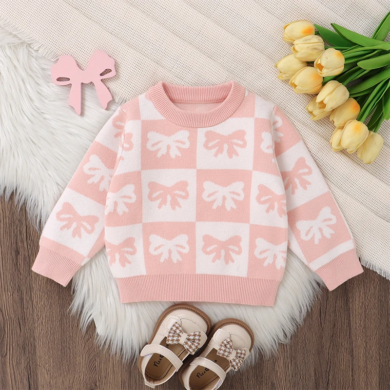 2024-07-03 Lioraitiin Toddler Girls Wlowwater Bowknot Print Contras Contras Crew Krck dlhý rukáv Detské pulóves pádové oblečenie vrcholy