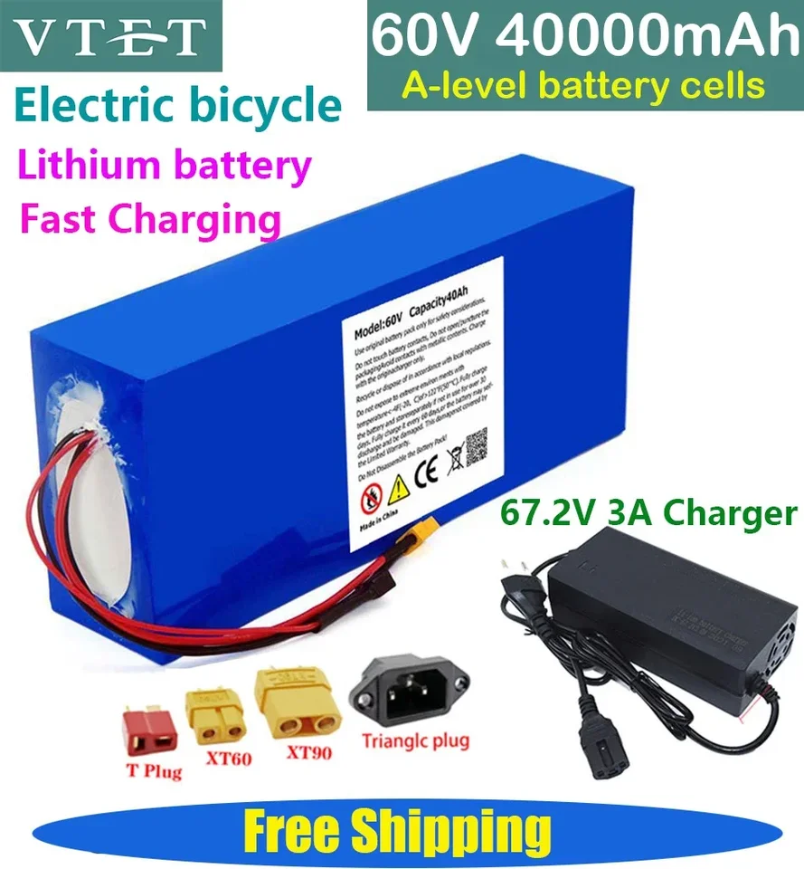 2024 60V 40AH 18650 3000W Vysoko napájací batériu nabíjateľnú batériu Vysoko kvalitné batérie s rovnakým portom BMS+67,2V 3A Nabíjačka