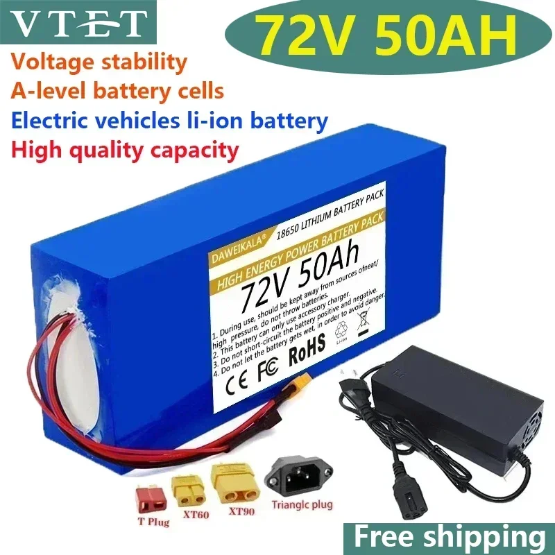 2024 72V 50-20AH 18650 Litium Battery Pack Vysoko kvalitné batérie 3000W High-výkonná batéria+zadarmo 84V 3A Charger BMS DIY