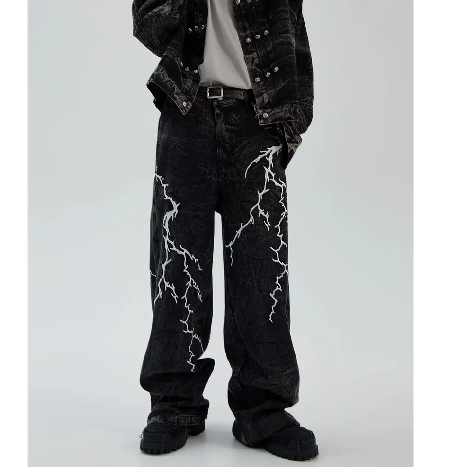 2024 American Washed Flare Jeans, široké nohavice s dlhými nohavicami s bleskovou výšivkou pre mužov aj ženy na High Street.