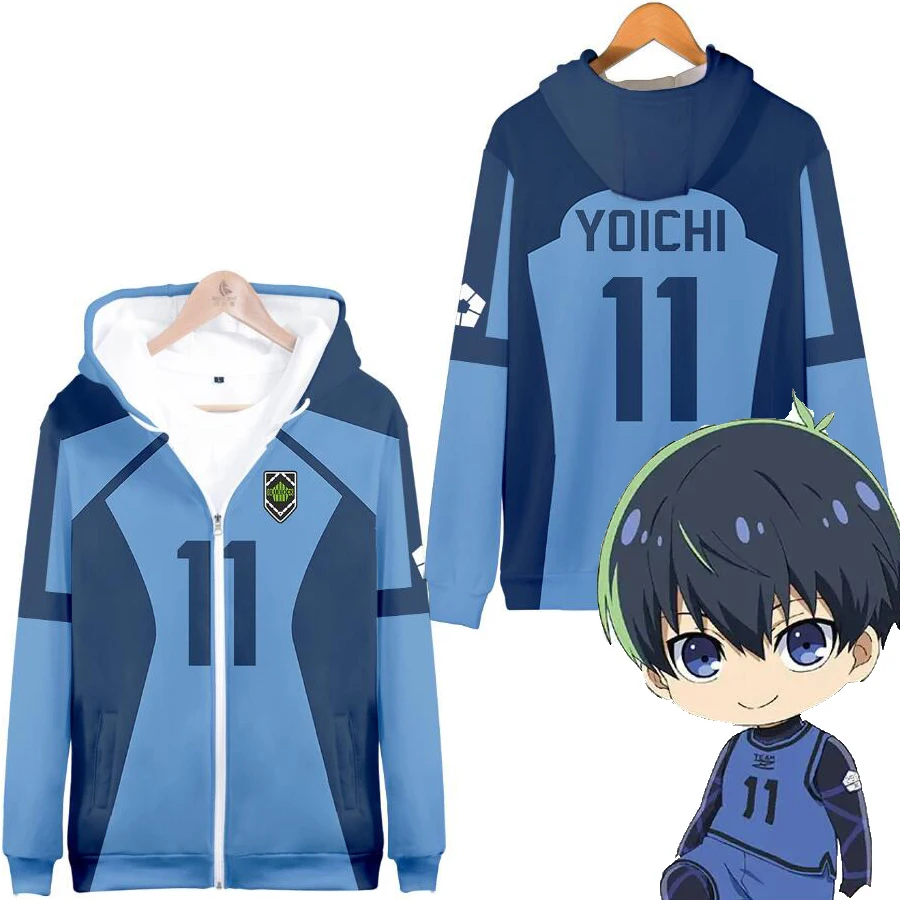 2024 Anime Blue Lock 3d Zip Up Dámske chlapec Bluelock mikina mikina Streetwear y2k Isagi yoichi cosplay zips s kapucňou s kapucňou s kapucňou
