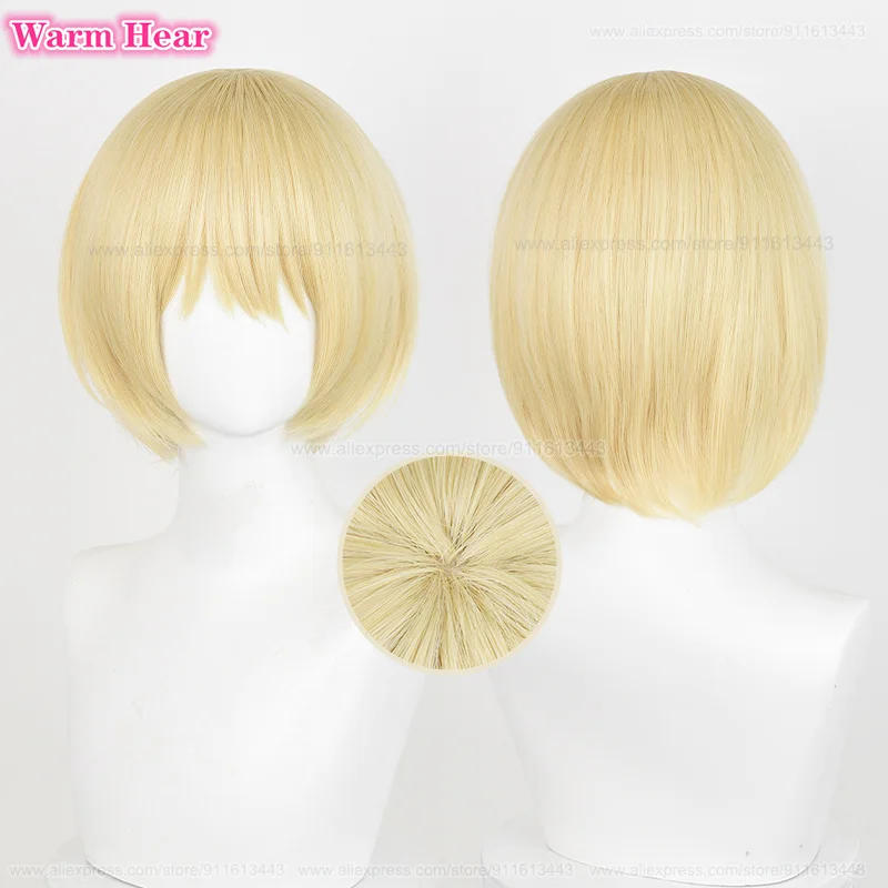 2024 Armin Arlert Syntetická parochňa Krátky 30 cm Bob Light Gold Cosplay Anime parochňa s tepelne odolným voči vlasom Halloween Party + parochňa