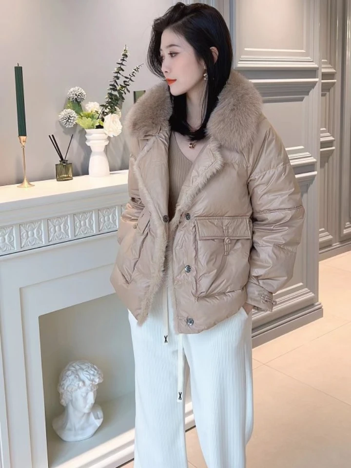 2024 Autumn Winter Women Fashion Nové nadmerne nadmerné líšky kožušinové kožušiny Zasiahnuté kožušinové mink Zhruba teplý 90% biela kačica dole