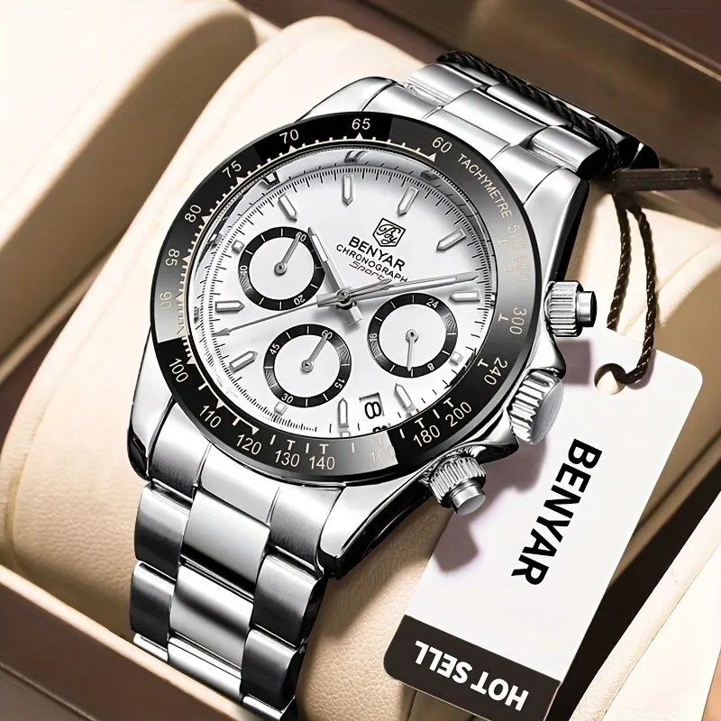 2024 Benyar New Watches Men Luxusný značka Chronograf Mužské športové hodinky Vodotesné z nehrdzavejúcej ocele Quartz hodinky relojes hombre