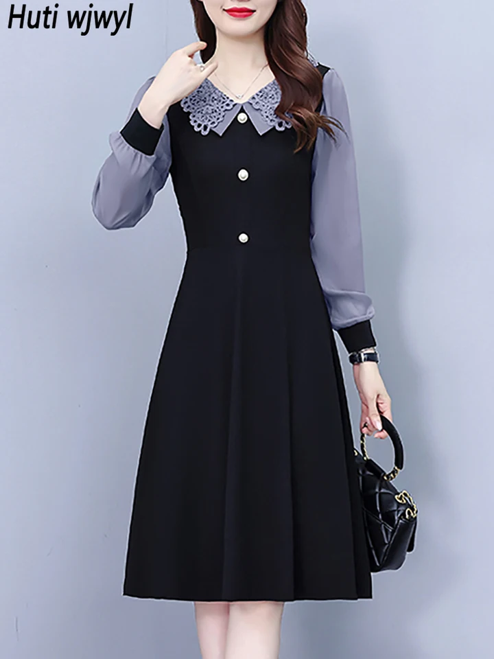 2024 Black Patchwork falošný dvojdielny midi šaty Autmn Zimné dlhé rukávy Chic Doll Duys Dress Women Elegant Bodycon Party Dress