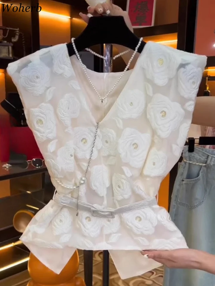 2024 Camisas de Mujer White 3D kvetinové blúzky bez rukávov pre dámske temperamentné plodiny vrcholy V-krku Slim Fit zips blúzky blúzky