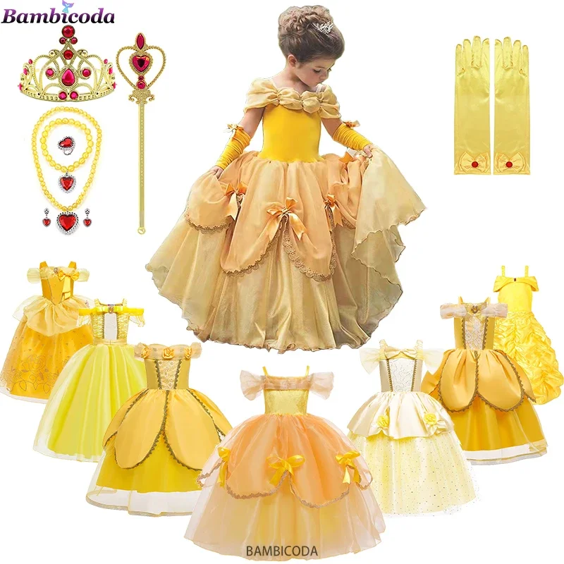 2024 Cosplay Belle Princess Dievčatá Dievčatá Šaty pre krásu a zviera Detské oblečenie Magic Stick Crown Children kostým