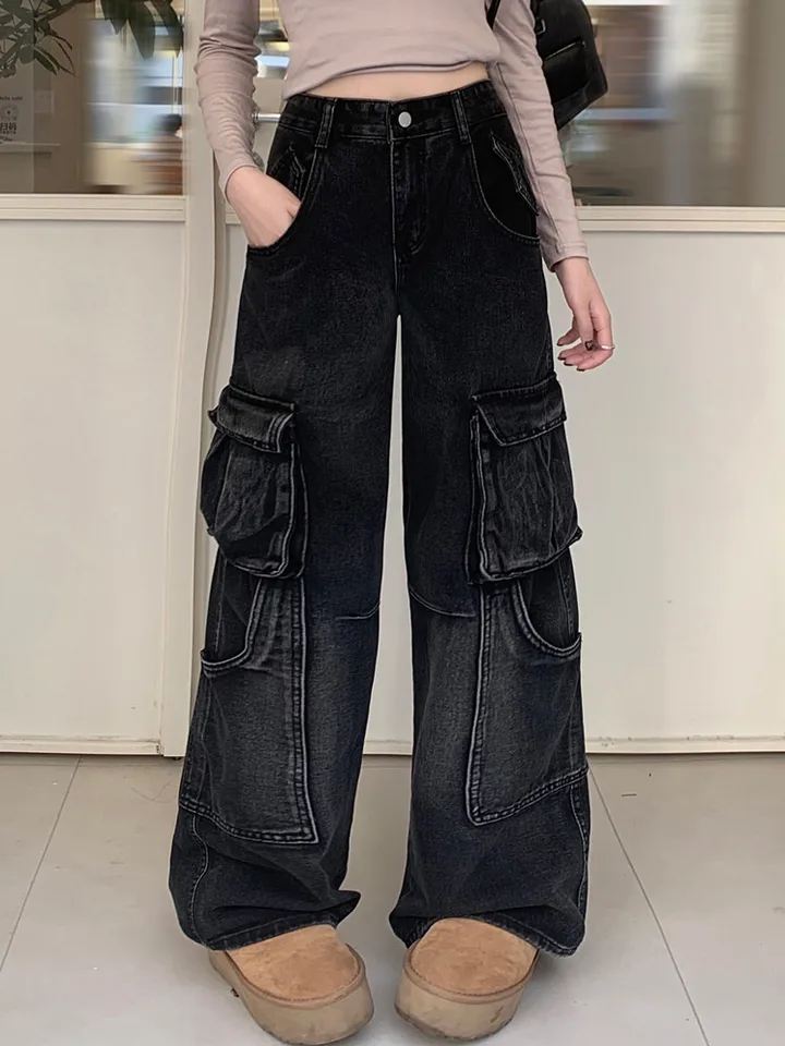 2024 Cyber ​​Y2K Streetwear Multi vreckety Umyté čierne vrecká Džínsy nákladné nohavice pre ženy oblečené rovné nohavice na široké nohavice Dámske nohavice