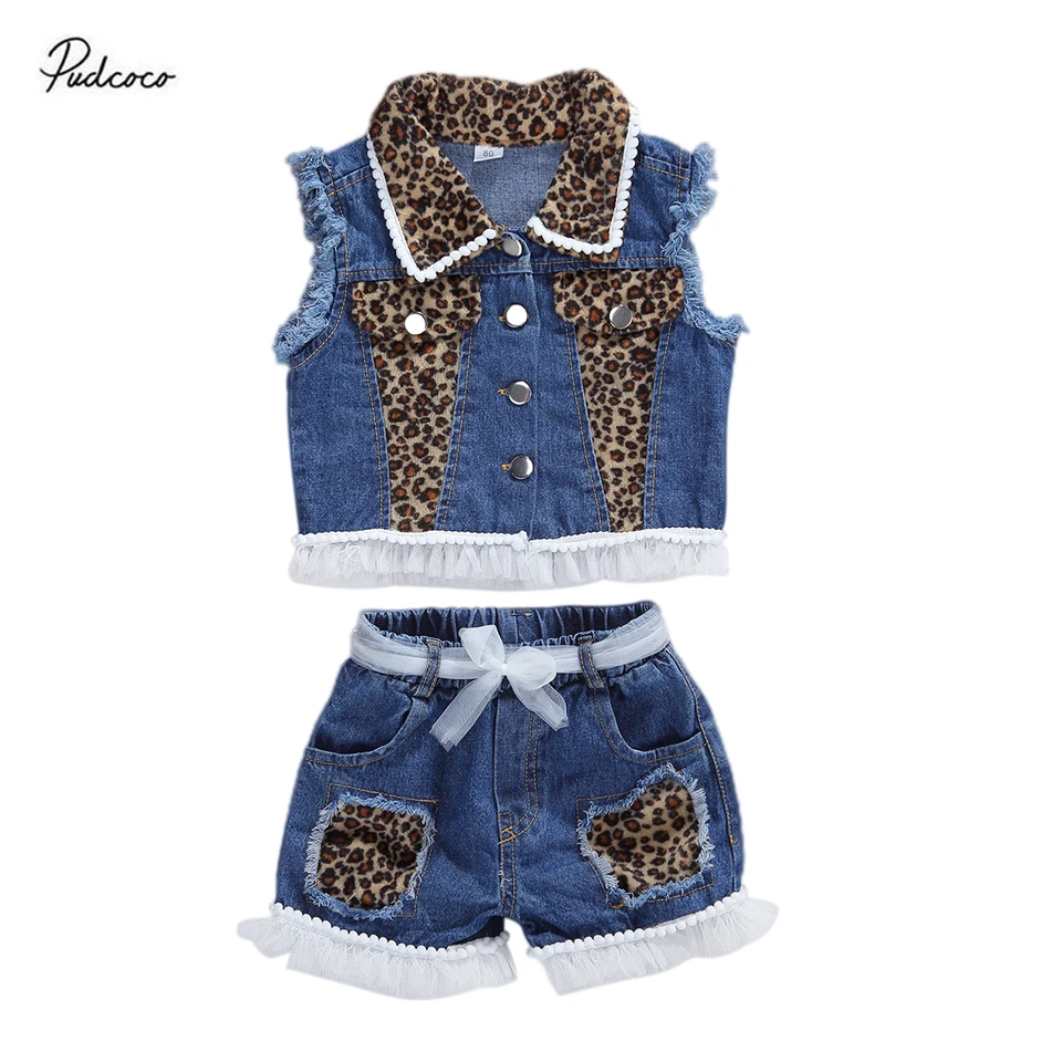 2024 detské letné oblečenie Dievčatá denim 2ks set módne leoparda klopa s jednostrannou vestou Top elastický pás Latcy Ripped Shorts