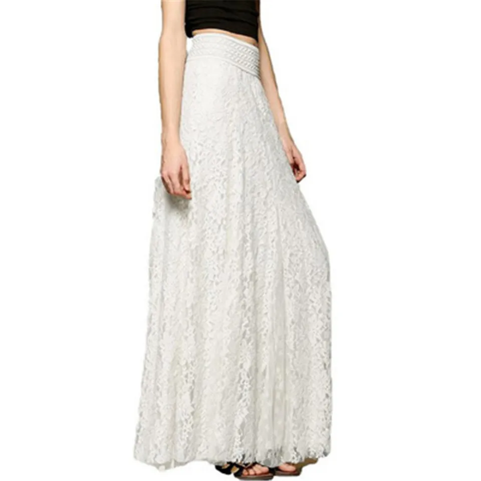2024 Dlhá elegantná sukňa Ženská elastická elastická sukňa s vysokým pásom Non-Transparent Solid Summer Lumen Maxi Lace Lace Solid Casy Biela béžová béžová