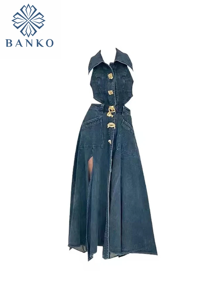 2024 Dámske jarné letné šaty bez rukávov Denim Denim Outfits bez spätného jednostranného Vestidos vintage jednodielny dizajn oblečenia príliv