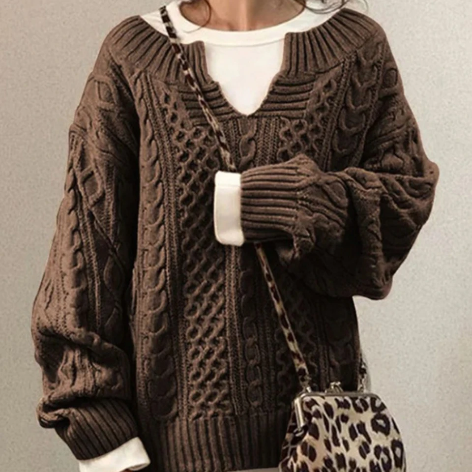 2024 Dámske nové pletené oblečenie dizajn voľného fit Sweaters femme v krk textúra boho skoky zimné základné pulóvety