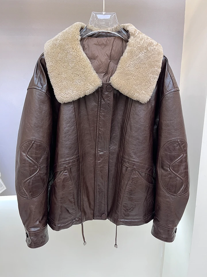 2024 Enuine Sheepskin Kožená bunda Prírodné merino ovce s kožušinami husa dolu kabát dámske luxusné ženské kabáty