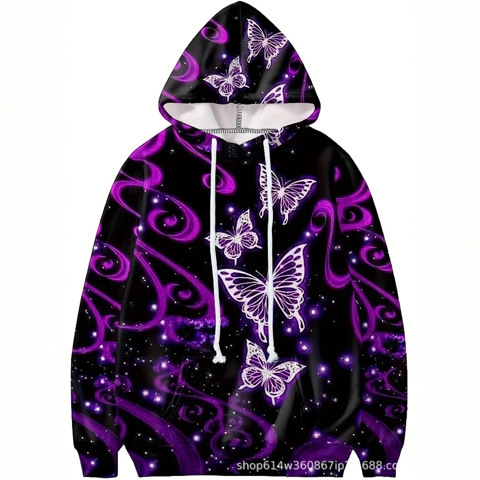 2024 Európska a americká nová dámska mikina 3D Butterfly Print Kangaroo Pocket Hoodie Hoodie Casy Fashion Sportswear