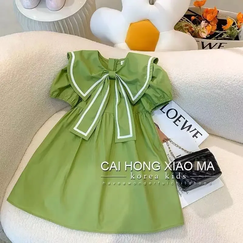 2024 Európske letné dievčatá Girls Green Forest Loose Chamise Puff Ruckve Dayses A-Line prúžkovaný princezný detský dospievajúci 4 13 rokov