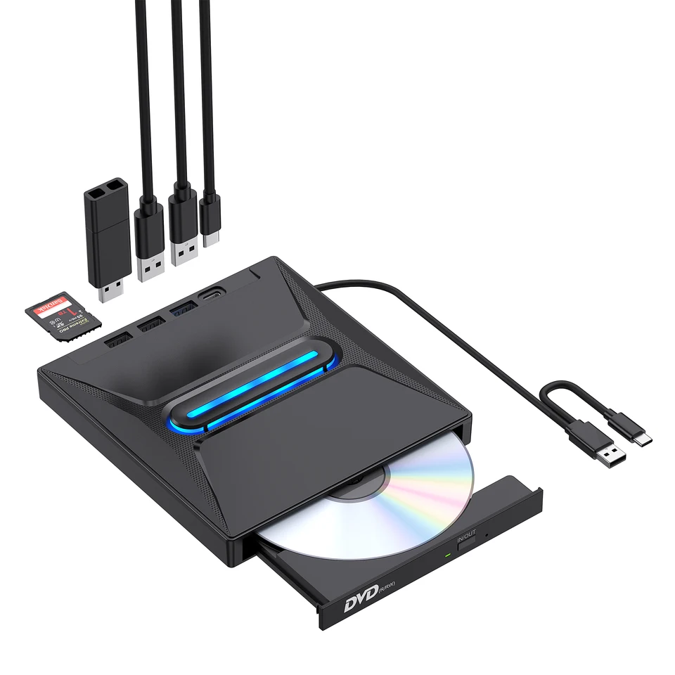 2024 Externé CD DVD Drive Pro - prenosný typ C CD/DVD +/- RW Drive s čítačkou kariet SD, CD ROM a DVD Player Hub - CO
