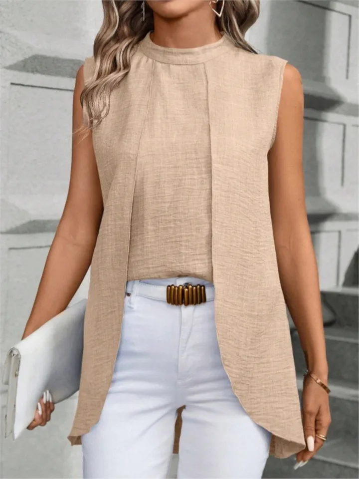 2024 Fashion Dva falošné kusy pre ženy pre ženy bez rukávov bez rukávov Tops letná elegantná pevná blúzka Top femme čierne oblečenie