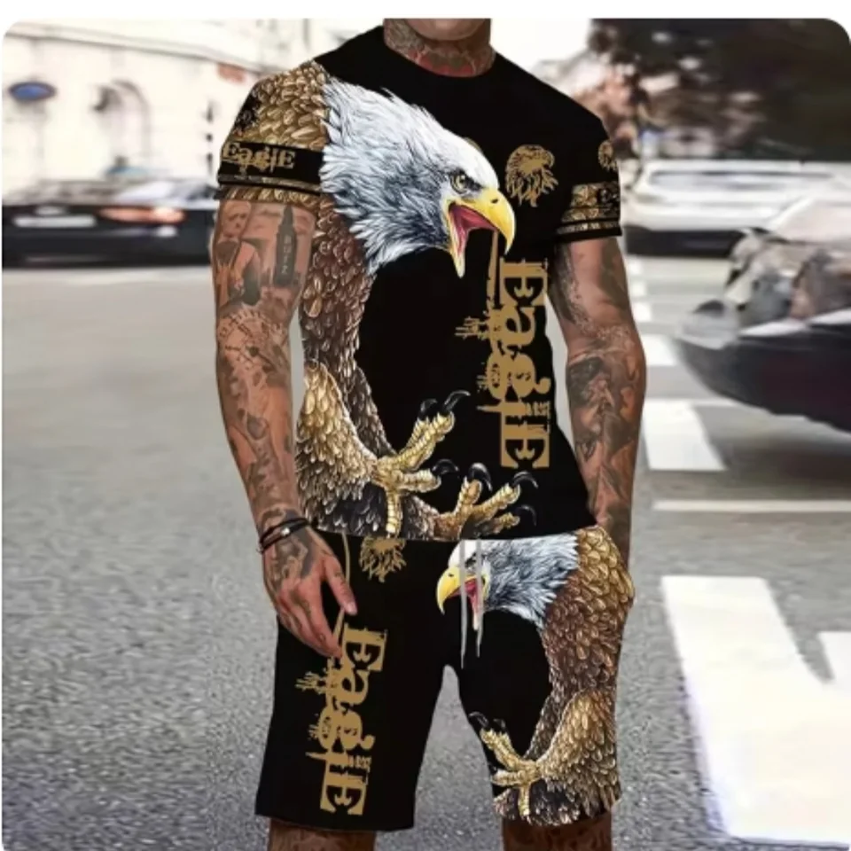 2024 Fashion Pánsky oblek Vytlačený vintage Eagle Pattern Summer Priedušný športový bežecký oblek nadmerne nadmerne mužský štýl Y2K