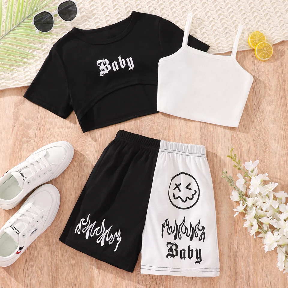 2024 Girl Set Le Summer Fashion 3 PCE Teen Girls Sports Suck Suck Suck Ruckves Color Contrast Abeced Kids Outfit 7 8 9 10 11 12 rokov