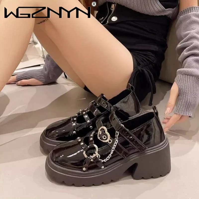 2024 Gothic Style Platform Lolita topánky ženské reťazové srdce pracka Mary Janes topánka High Platforma Dámske punkové topánky ženská obuv