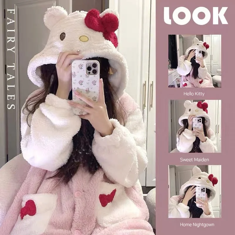 2024 Hello Kitty pyžamy Dámske jesenné a zimné koralové zamatové zhustené župan roztomilý zimný nočný košeľu dlhý dámsky oblek