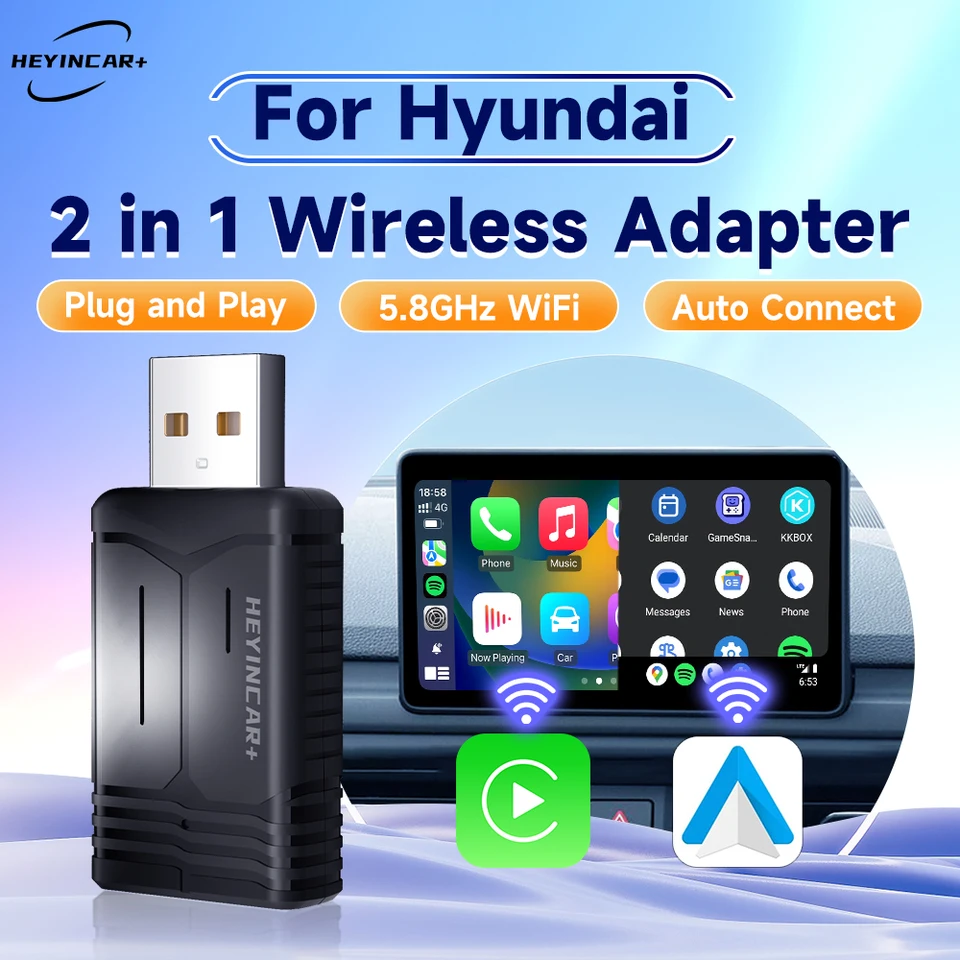 2024 Heyincar 2in1 Wireless CarPlay Adapter Android Auto Wireless pre Hyundai Santa Fe Tucson Elantra Ioniq 5 6 Kona miesto konania Nexo