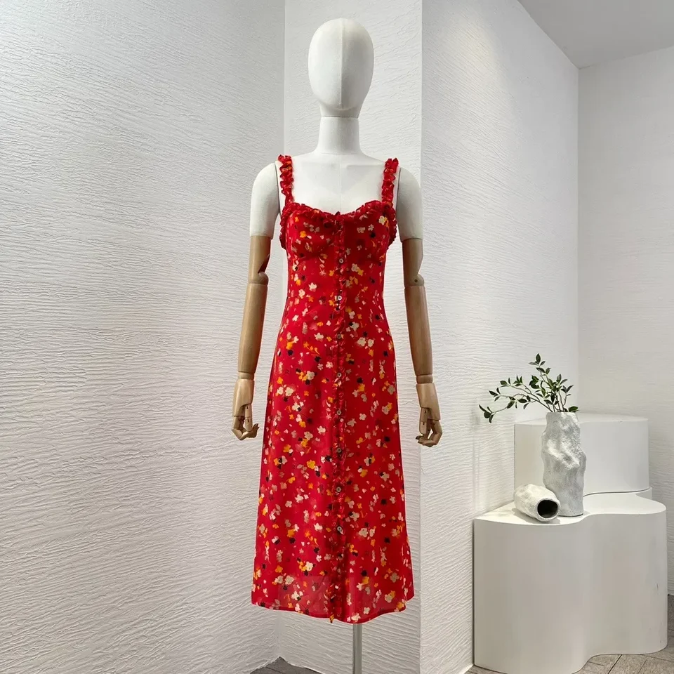 2024 hodvábne letné červené kvetinové rukávy bez rukávov midi šaty Camisole Duffles single Breast Mleeteart Neck vintage oblečenie pre ženy