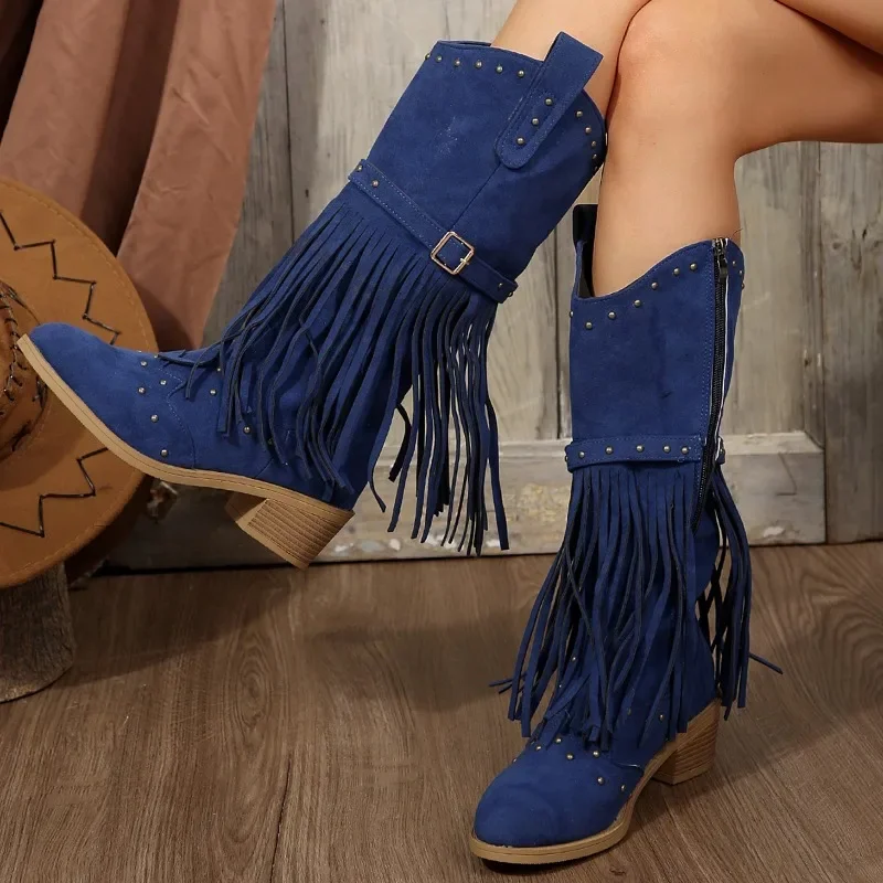 2024 HORKÝ PREDAJ Dámske topánky Side Zipper Dámske topánky módne Tassel Moderné topánky Ženy Nový rivetový pásový pás Bučka Mid-Calf topánky