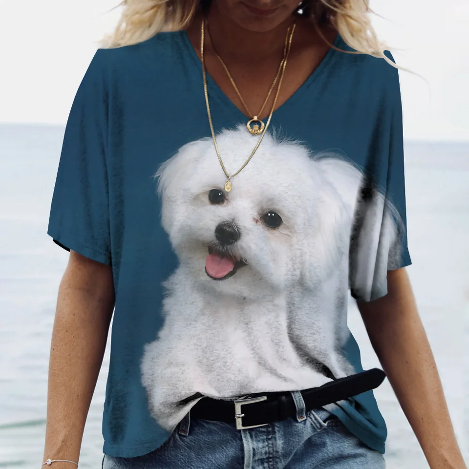 2024 Horúci predaj dámy Tieň 3D tlač Pet Desko letné móda Módne krátke rukávy V Topy v krku bavlnené ulice Harajuku Casual Pullover