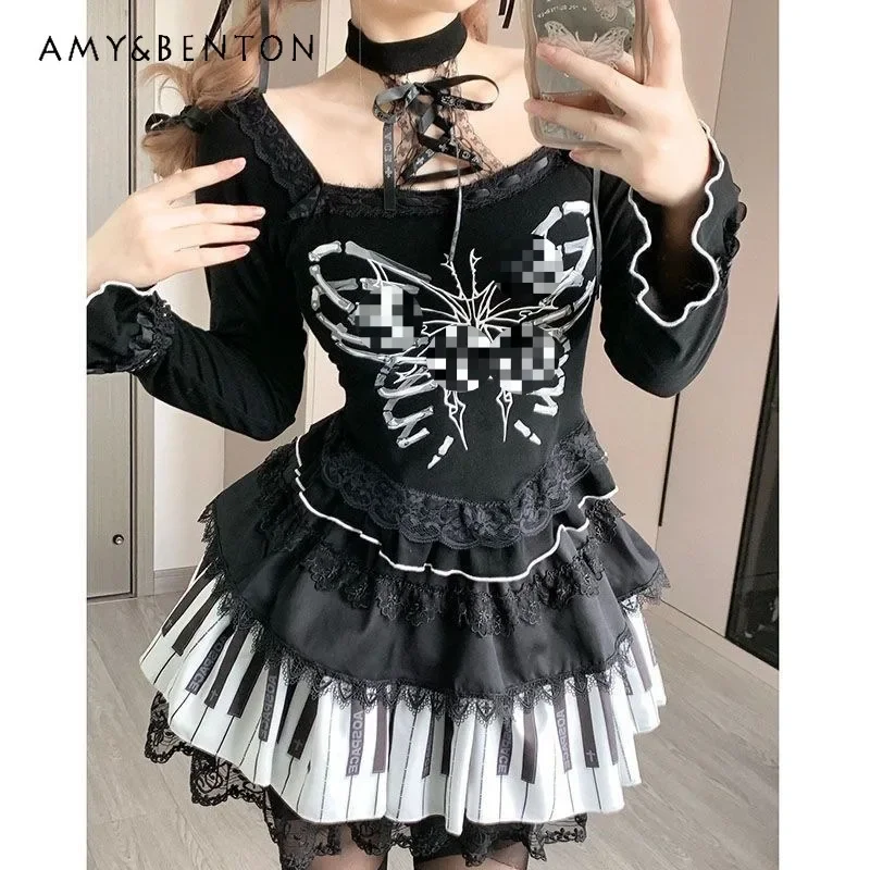 2024 Japonský punk Stredoveké Čierne a biele klavírne kľúče Polka dot čipka subkultúrna koláčka
