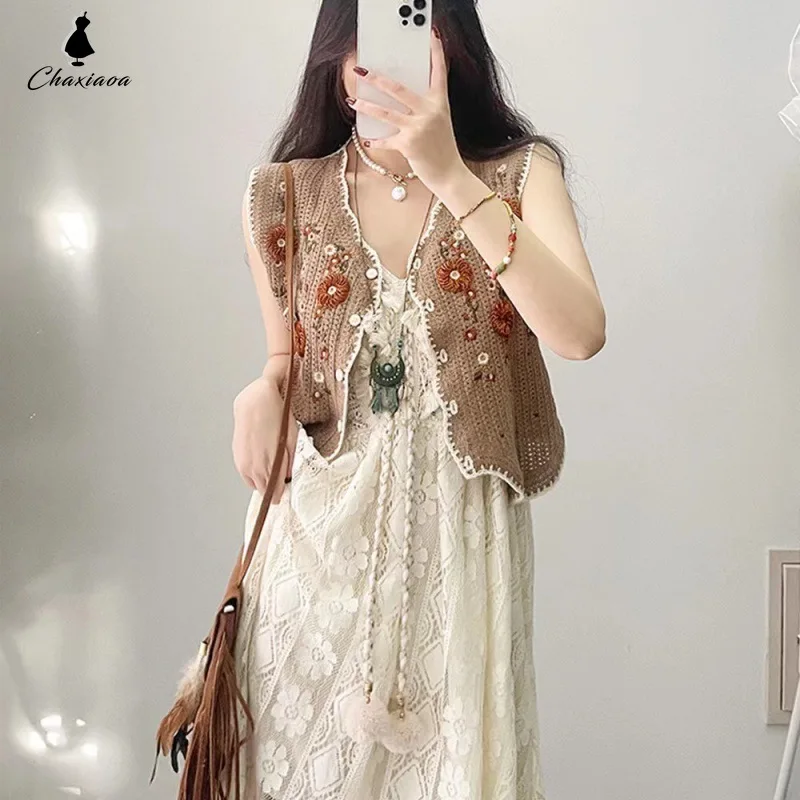 2024 jar a leto duté dutiny Lace Lace Susender Dress V-Neck Francúzsky romantický retro retro nepravidelná prímorská dovolenková sukňa
