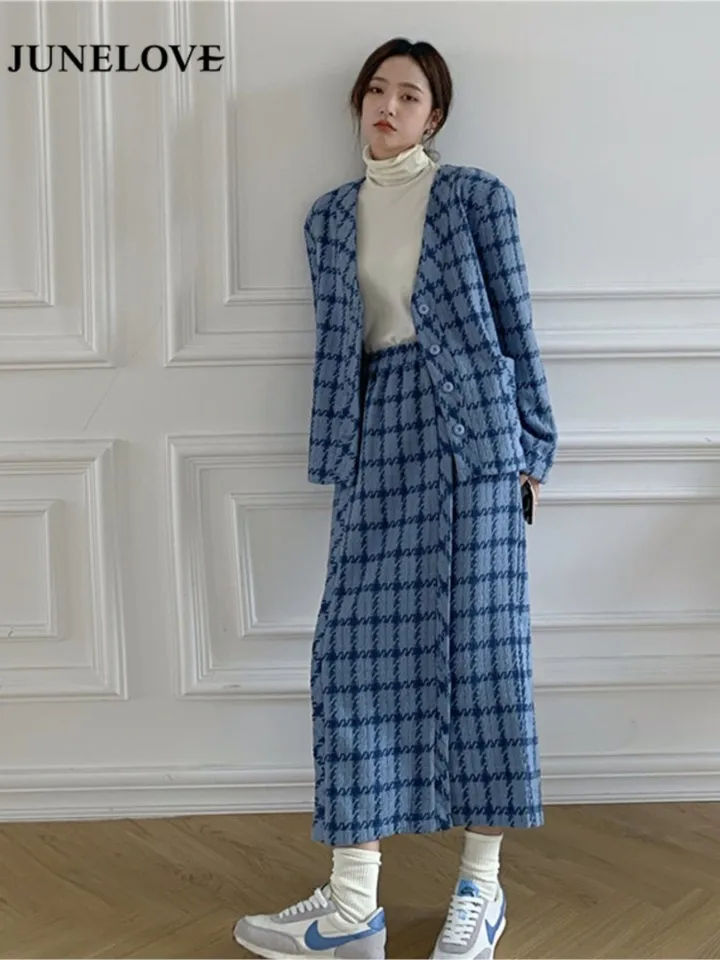 2024 Jarná jeseň Nové kórejské ženy 2 kusy nastavené Plaid Loose Blazer Midi Skak Office Lady Suit Women Outfits Elegantné elegantné súpravy