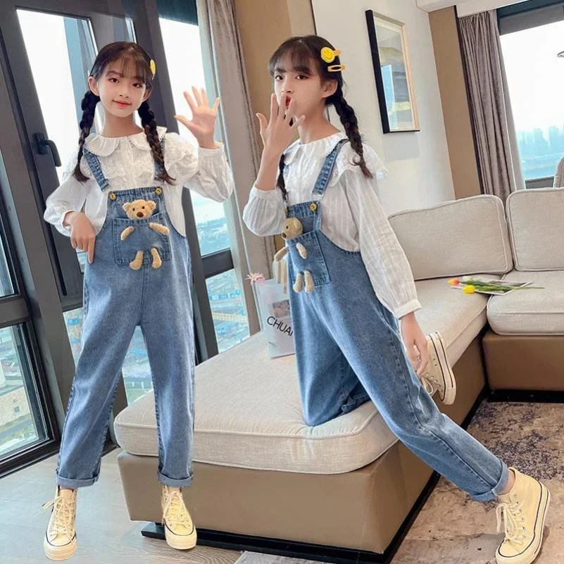 2024 Jarné jesenné deti Denim bib kombinézy vreckej