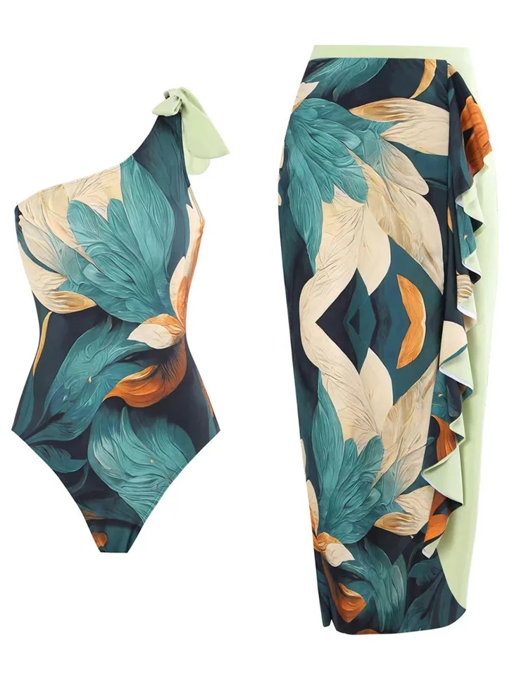 2024 Jedno ramenné plavky a dlhá sukňa Polkované sexy plavky Ženy plavky Ženy Ženské kúpanie Summer Beachwear Bodysuit